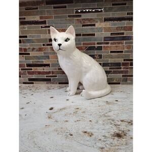 Vintage Cat Figurine, Ceramic Mold Hand Painted, White 12"